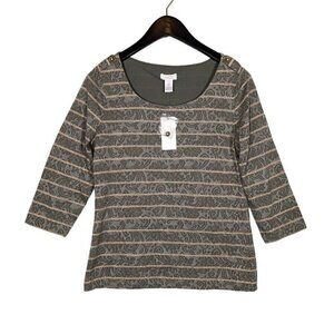 Chicos Size 0 (Small) Lani Top Women Green Metallic Striped Tab Shoulder Floral